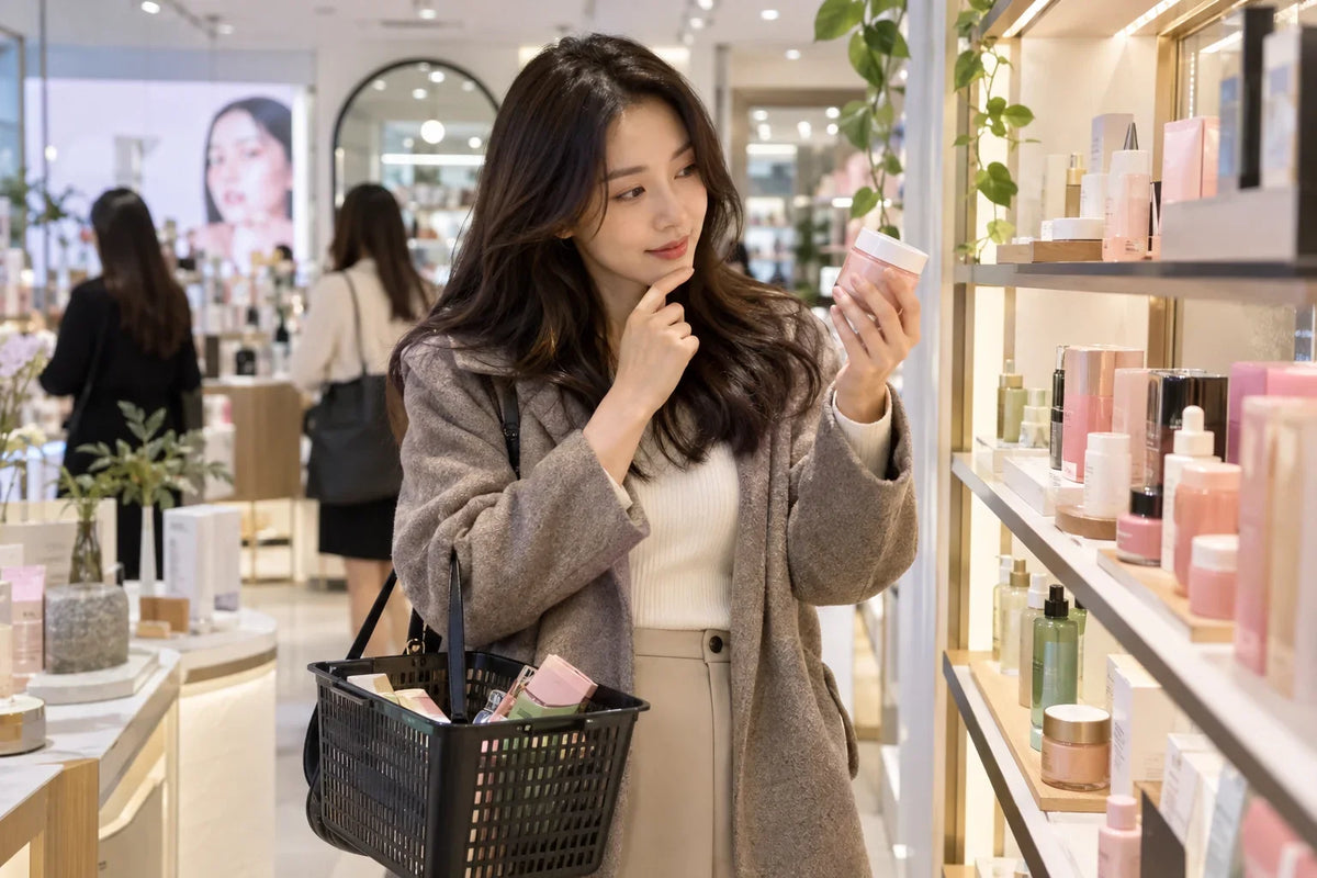 A shopper turning towards a friend in a bright, illustrative beauty store.
